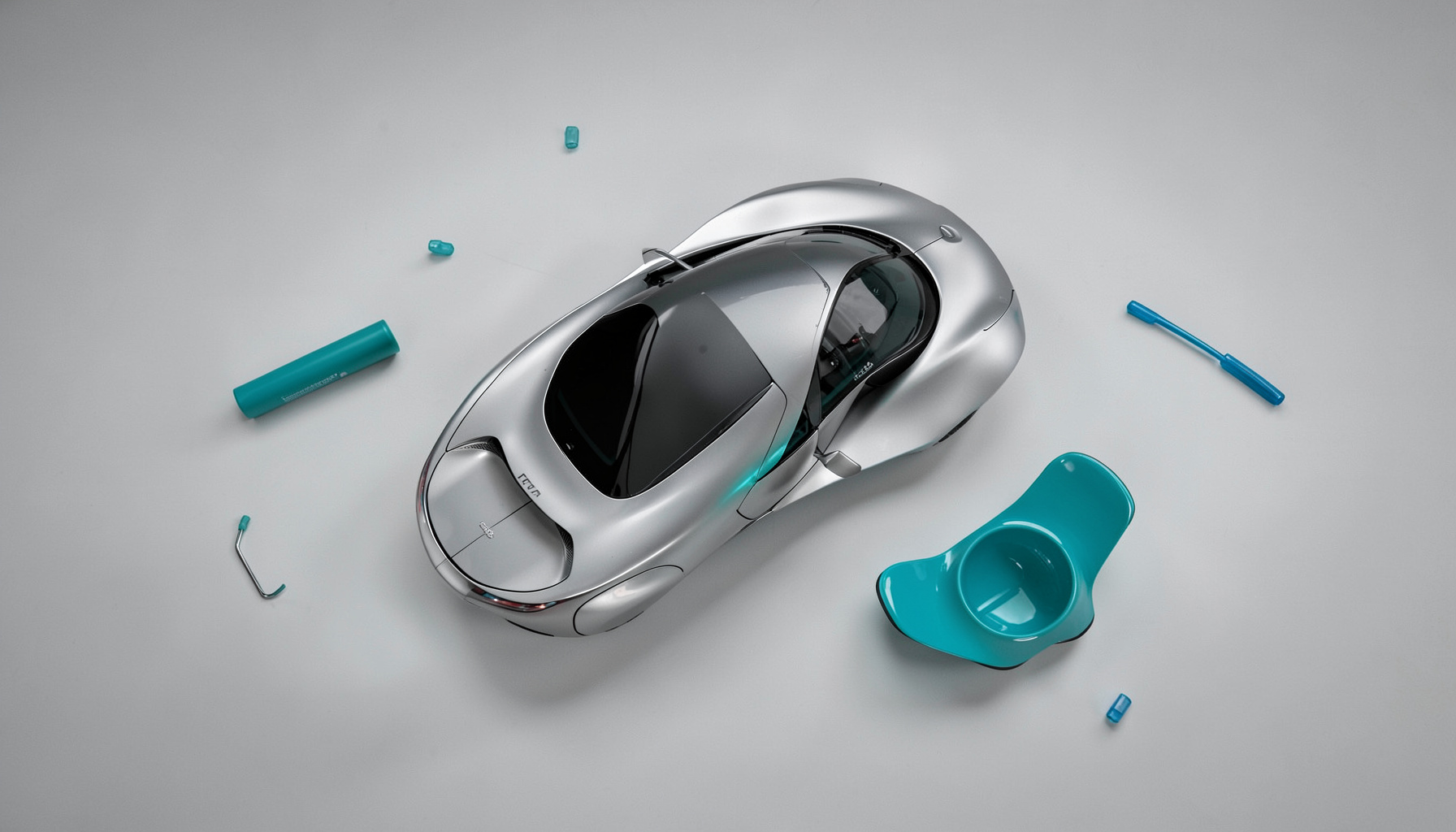 Véhicule concept aux lignes futuristes, teinte argentée, exposé sous les projecteurs d'un salon automobile.