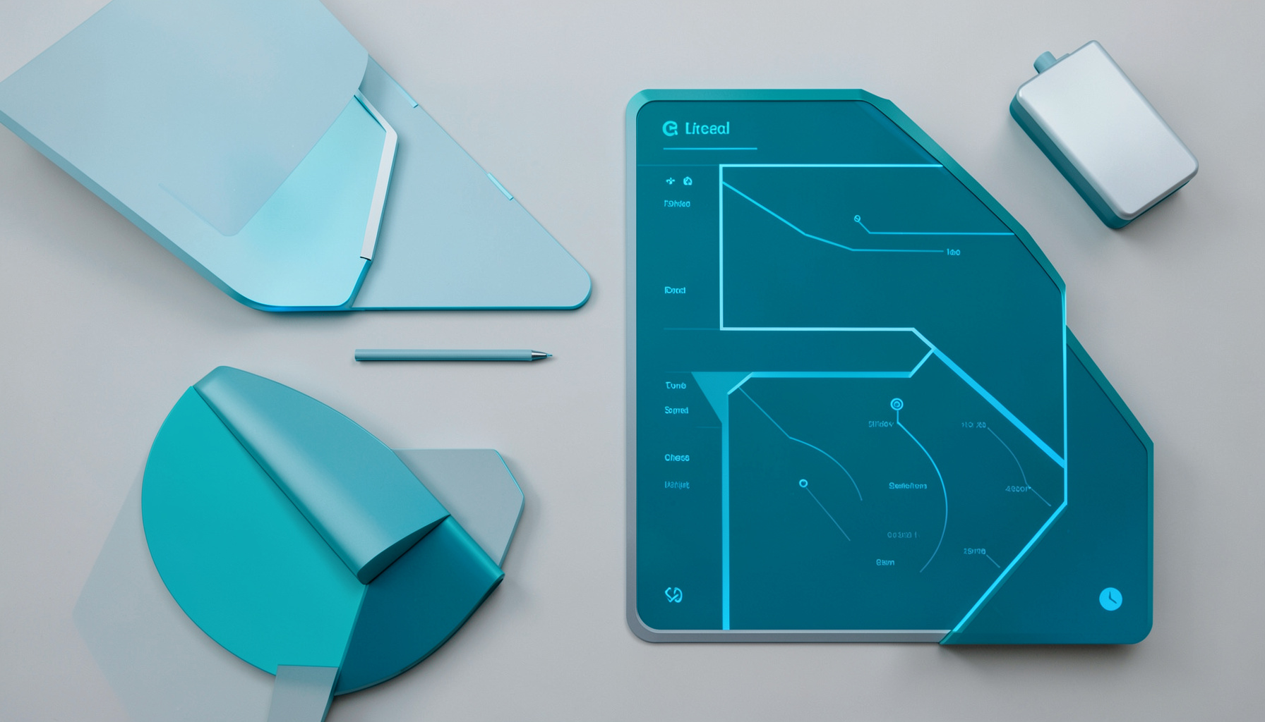 Vue rapprochée d'un tableau de bord numérique futuriste aux lignes épurées, éclairage bleuté et surfaces tactiles.