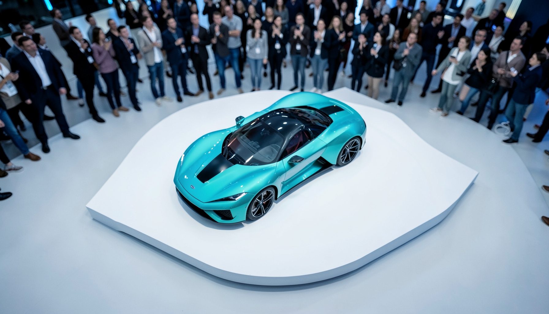 Concept car aux lignes futuristes exposé sur un podium blanc, éclairage bleu et blanc, foule en arrière-plan flou.